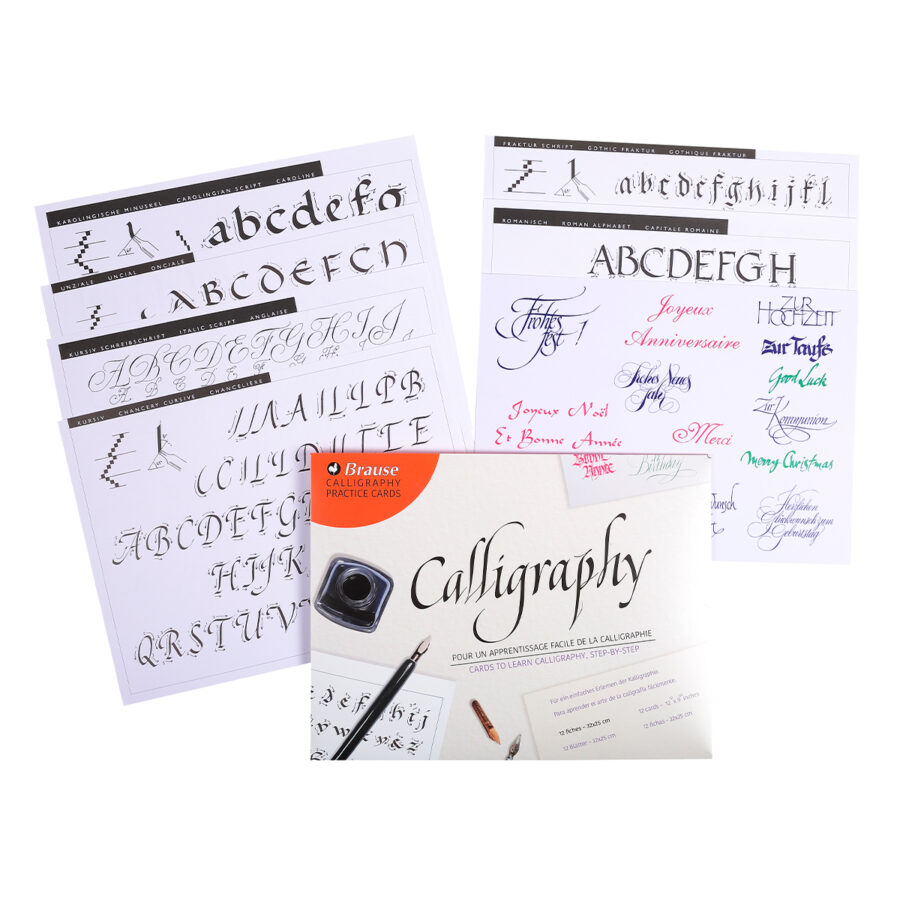Pochette d’apprentissage à la calligraphie comprenant 10 feuilles d’apprentissage de 9 alphabets différents + 2 fiches d’exemples