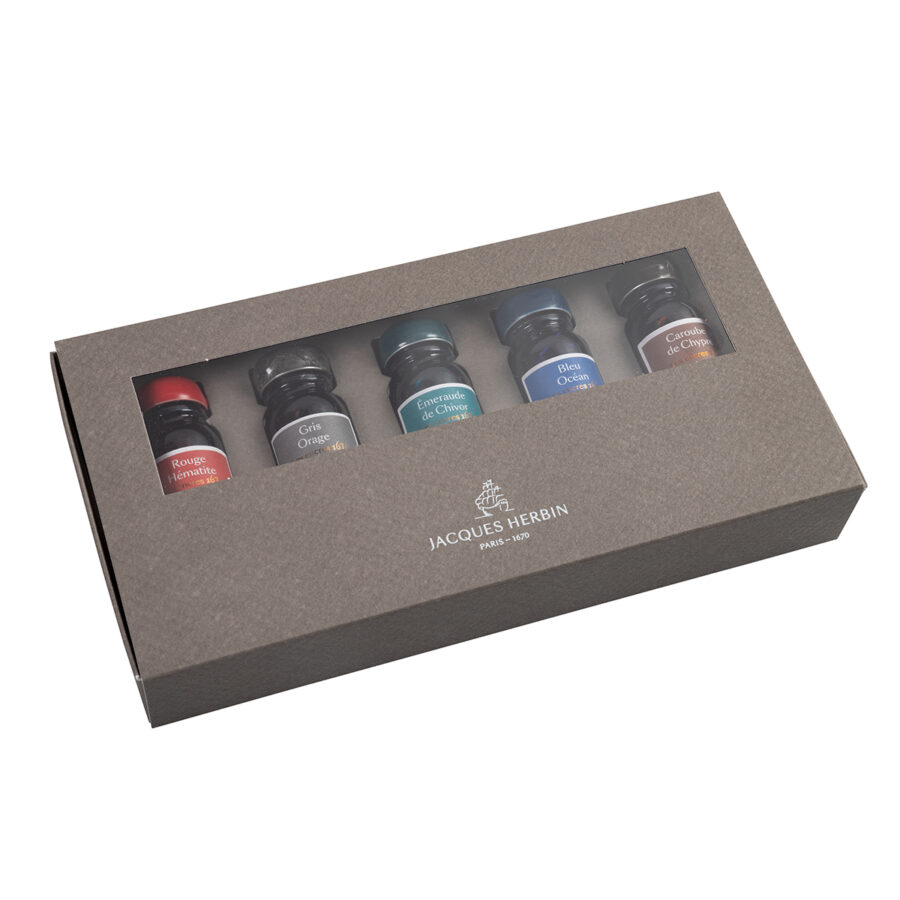 Coffret de 5 flacons d’encre pailletée d’or 1670, 5 couleurs assorties