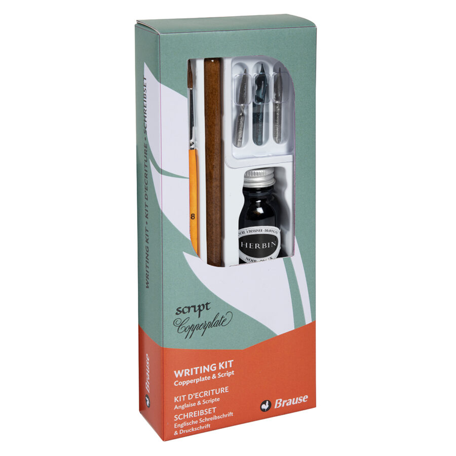 Writing kit including 3 nibs (Ecolière, steno and Rose), a wooden penholder, a brush, a bottle of black ink and instructions