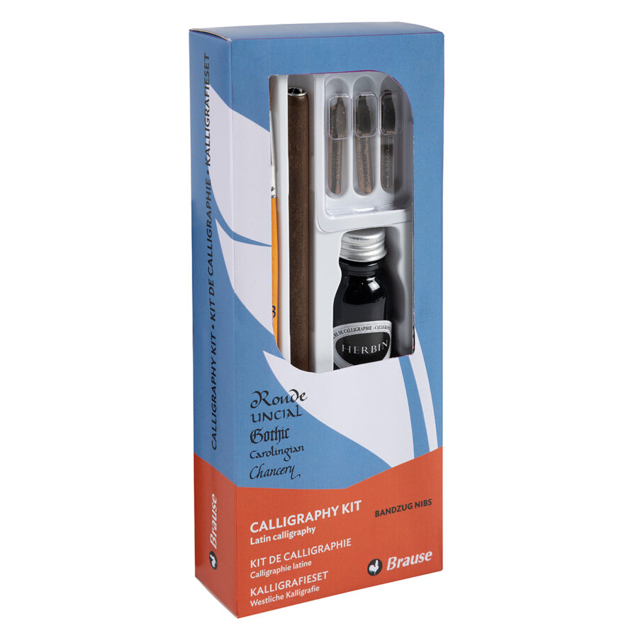 Calligraphy kit including 3 Bandzug nibs (1.5mm, 2.5mm and 3mm), a wooden nib holder, a brush, a bottle of black ink and instructions