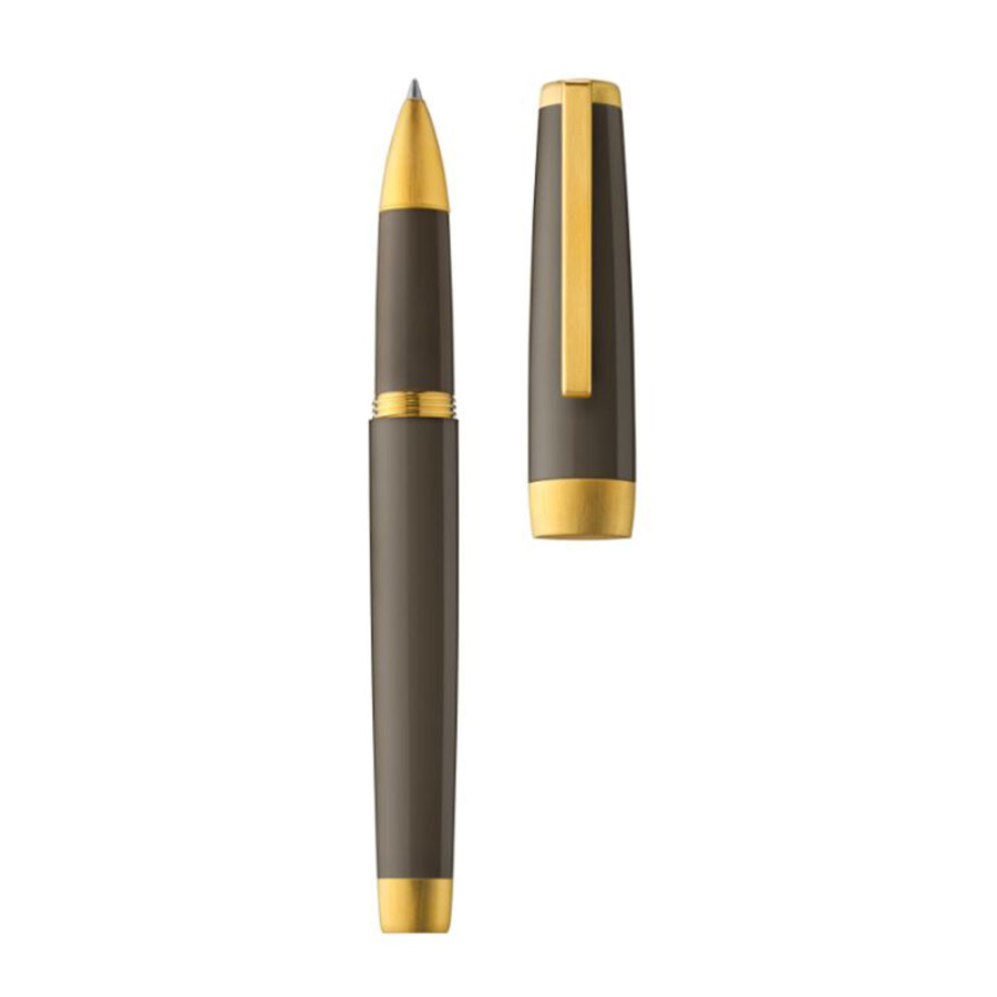 Stylo roller, corps résine de couleur étoupe, attributs or jaune brossé – Brun