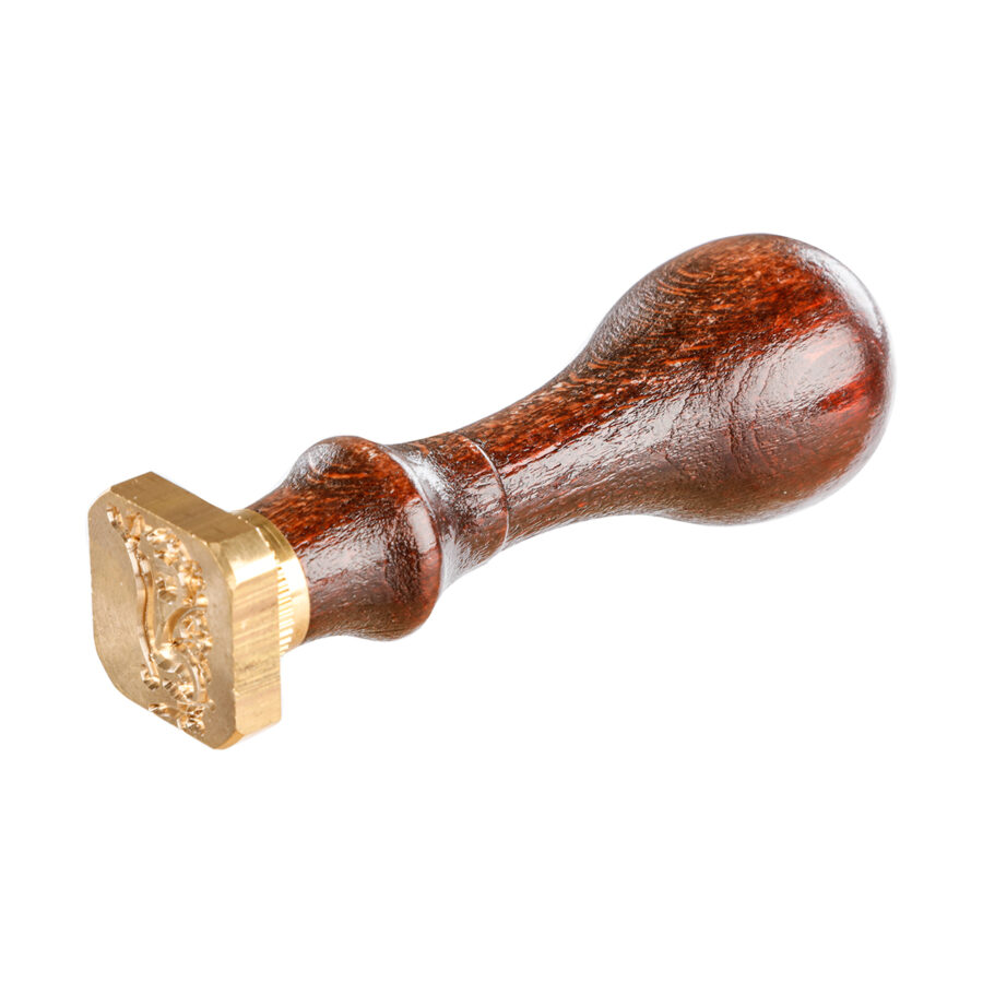 Square seal with varnished wooden handle, illuminated letter J