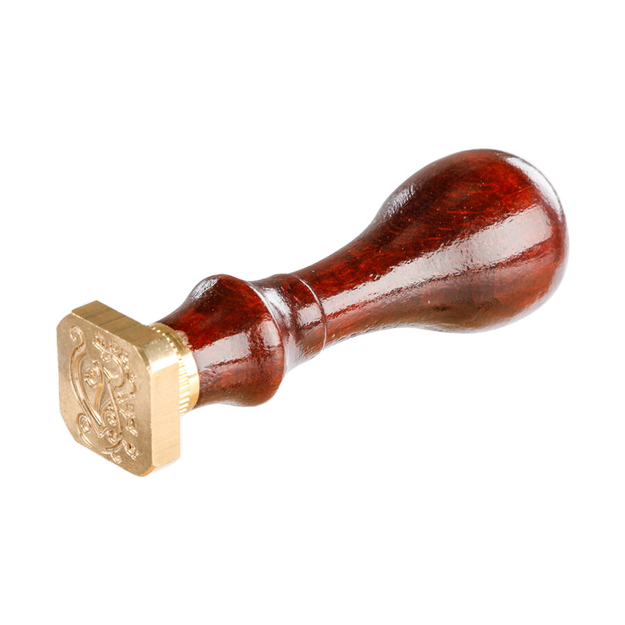 Square seal with varnished wooden handle, illuminated letter V