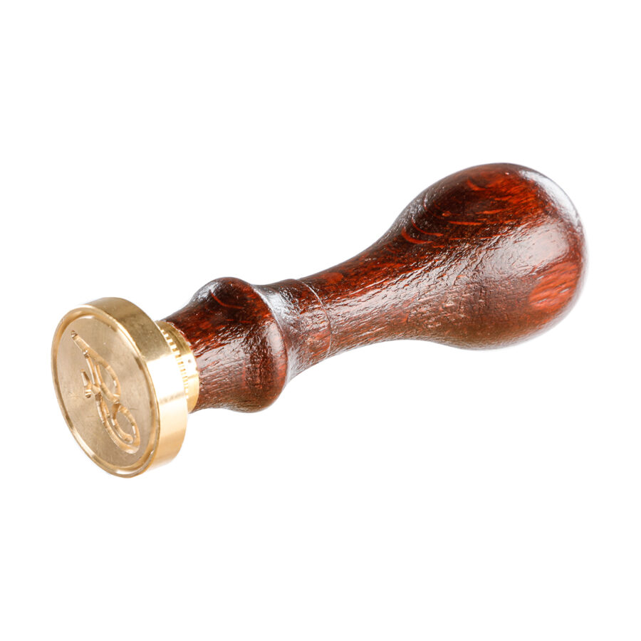 Round seal with varnished wooden handle, letter F in English alphabet