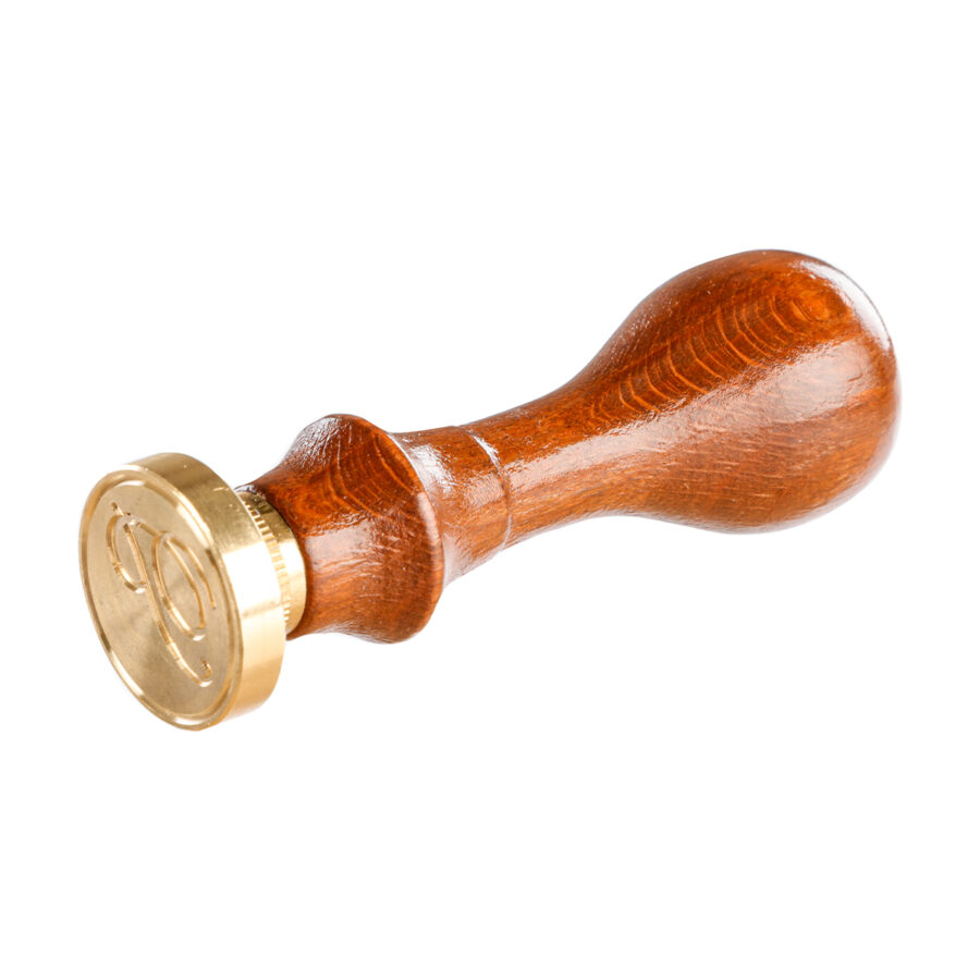 Round seal with varnished wooden handle, letter P in English alphabet