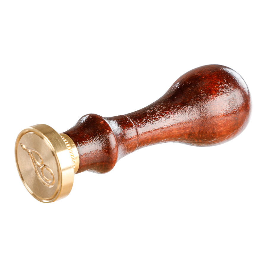 Round seal with varnished wooden handle, letter T in English alphabet