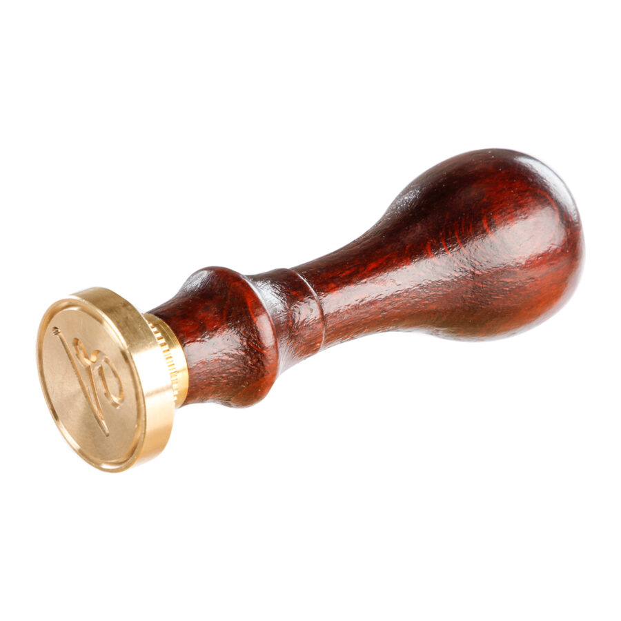 Sceau rond avec manche en bois vernis, lettre V en alphabet anglaise