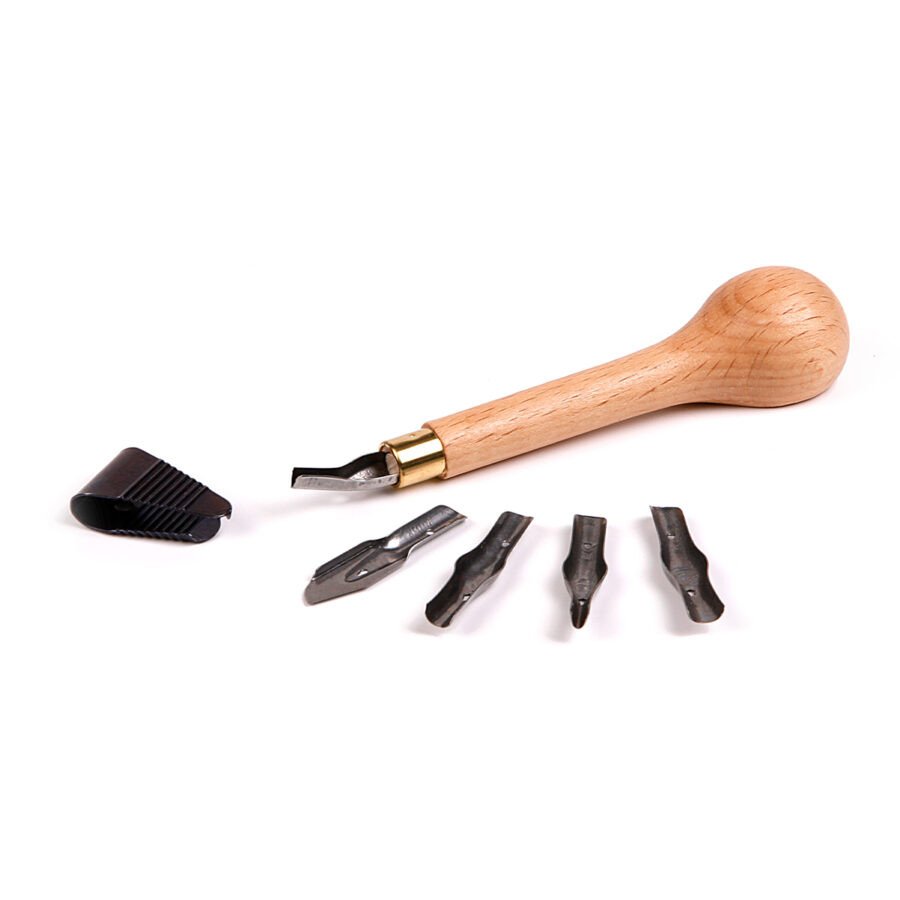 Linocut initiation set including a wooden handle, 5 gouge nibs and an extractor
