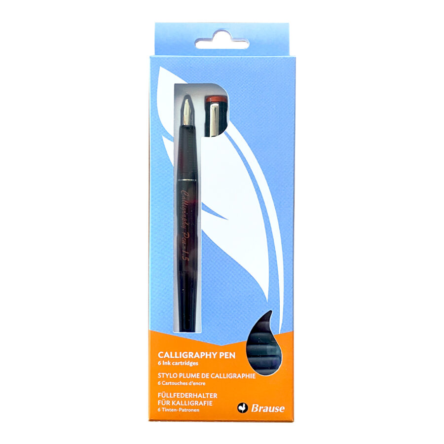Calligraphy set including 1.1 mm fountain pen, 6 coloured ink cartridges and instructions