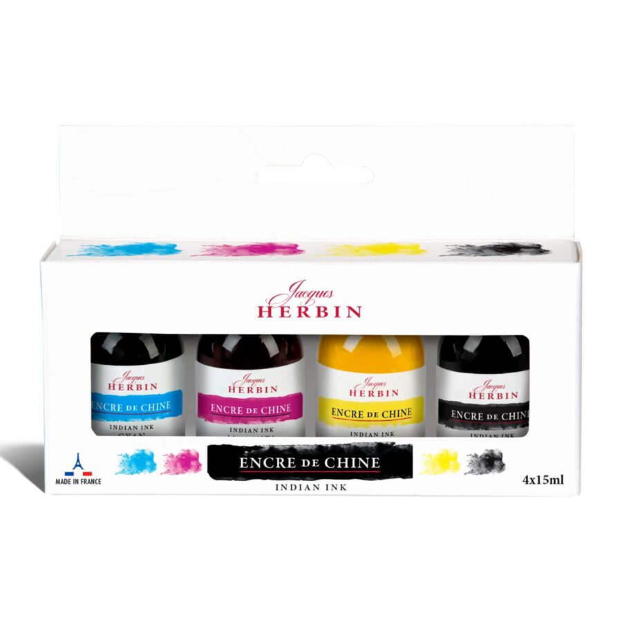 Set of 4 Chinese inks, cyan, primary yellow, magenta, black, 15ml bottle. Made in France