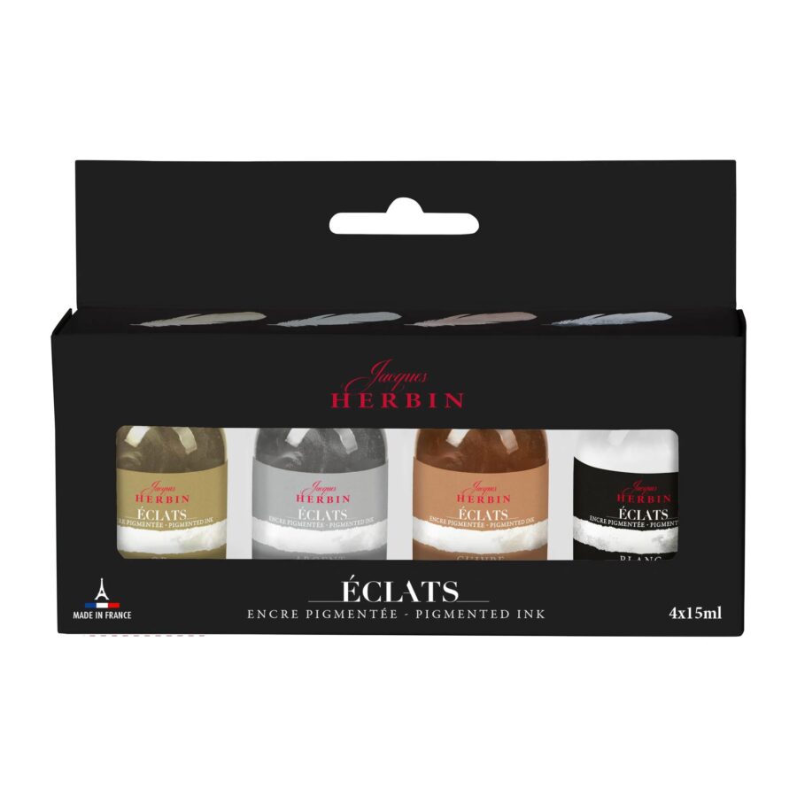 Set of 4 Eclats pigmented inks, white, gold, silver, copper, 15ml bottle. Made in France