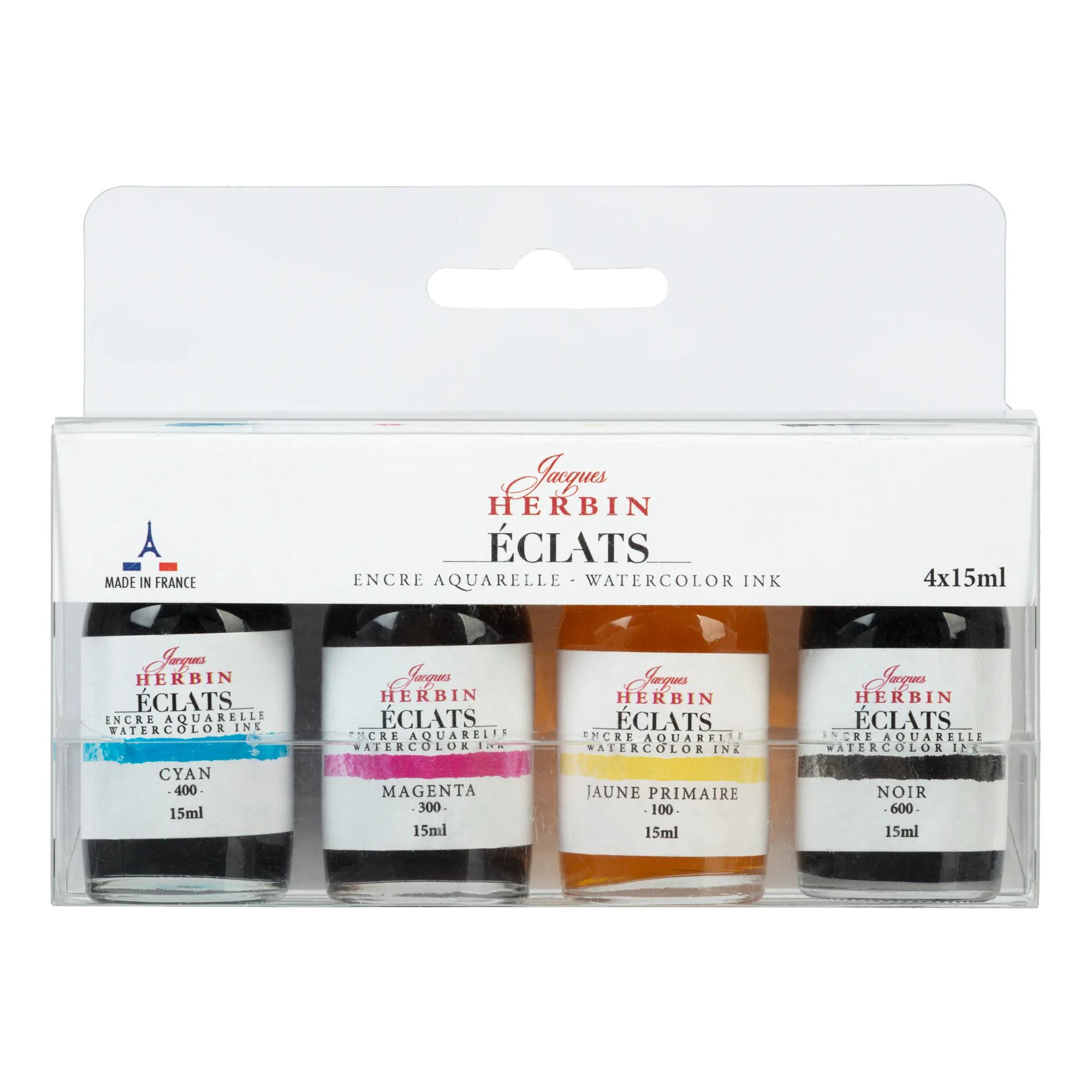 Un coffret assortiment de 4 flacons d&rsquo;encres Eclats en 15ml pour pinceau, aérographe et porte-plume