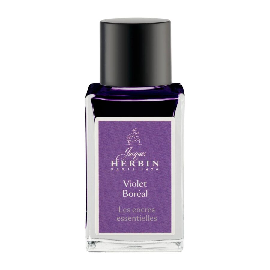 15 ml bottle of ink for fountain pens and rollerballs, Boreal Violet. Made in France