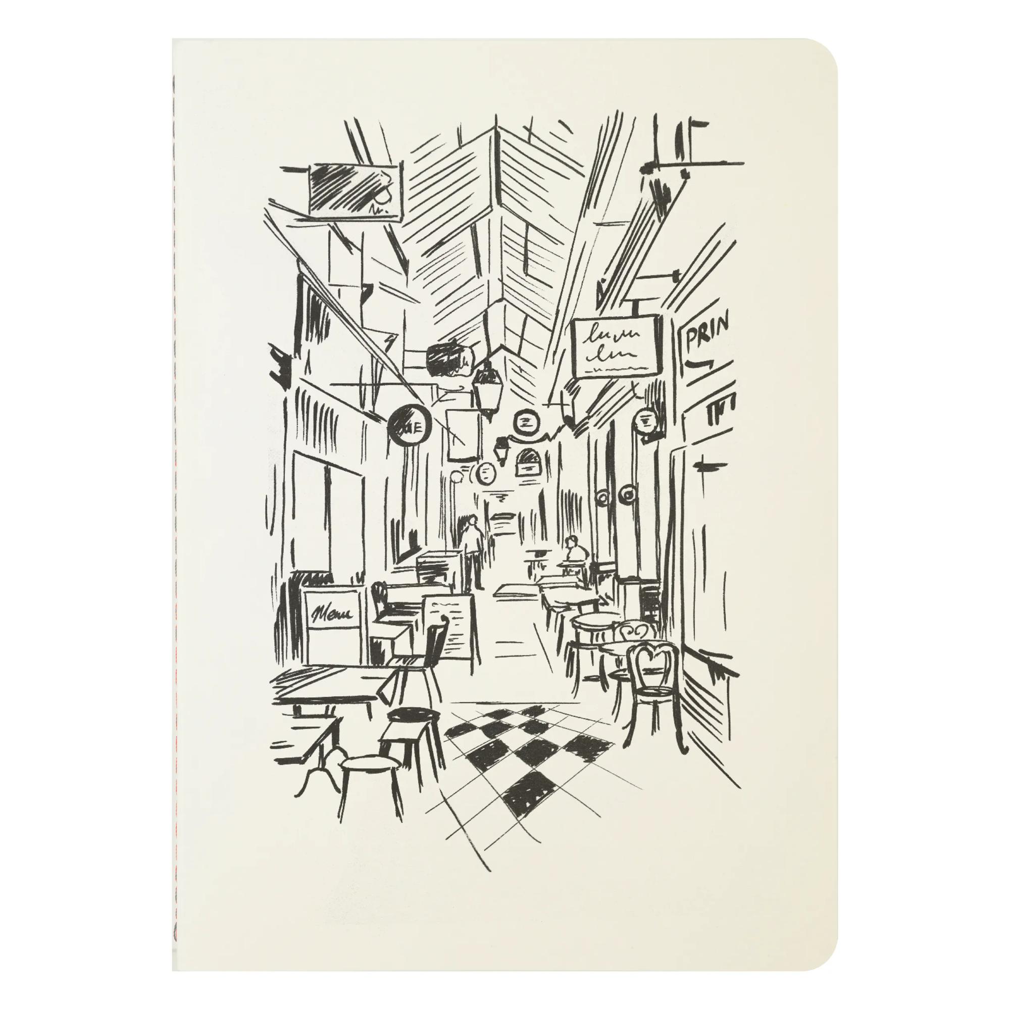Passage des Panoramas notebook – A5 – 14.8 X 21 cm, thread-stitched, 32 lined pages, 120g ivory paper.